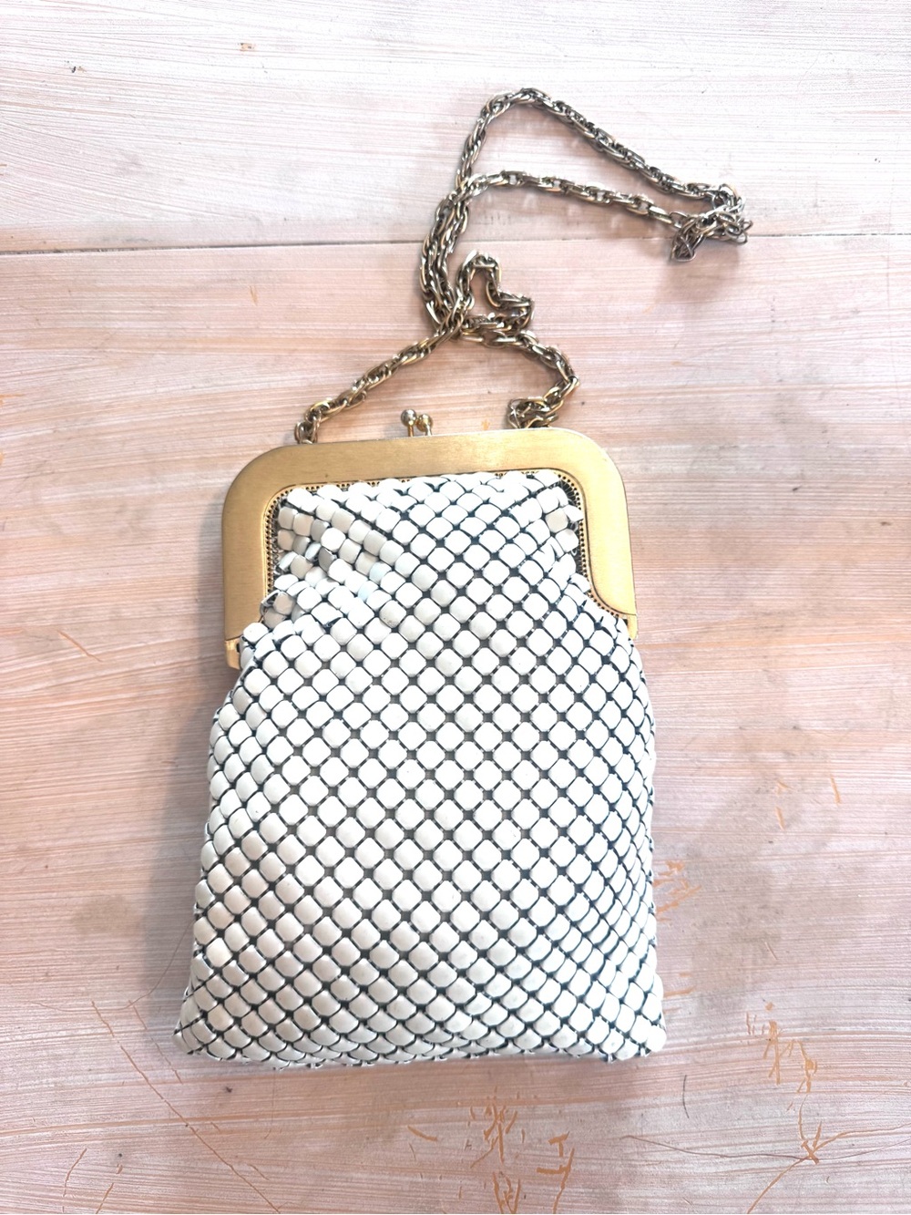 Vintage Whiting & Davis White Mesh Clutch with Gold Frame and Chain Strap